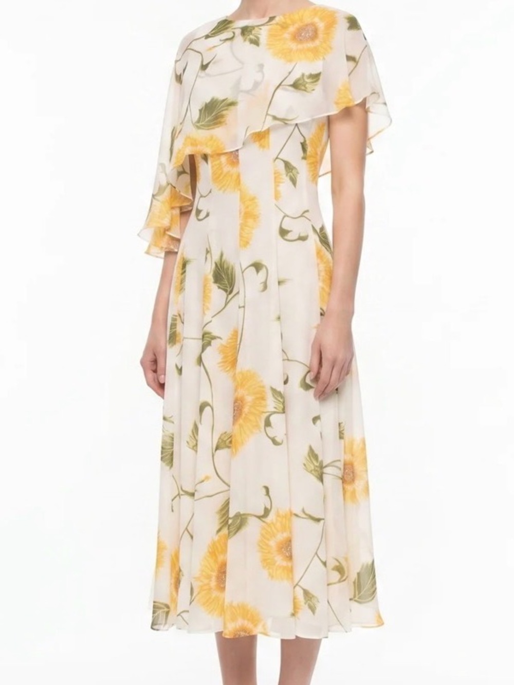 Maison Tara Cream Midi Dress with Yellow Floral Print